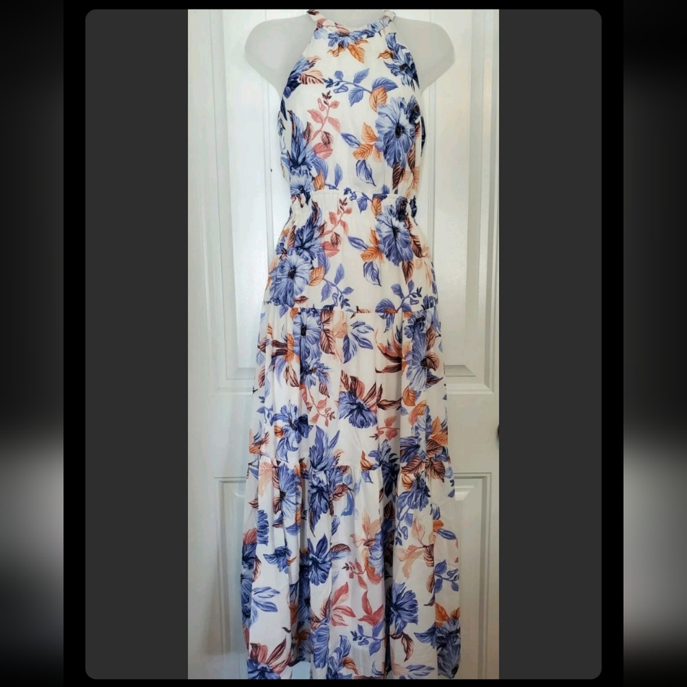 JAPNA White/Blue/Pink Floral Halter Style Full Skirt Maxi Long Dress